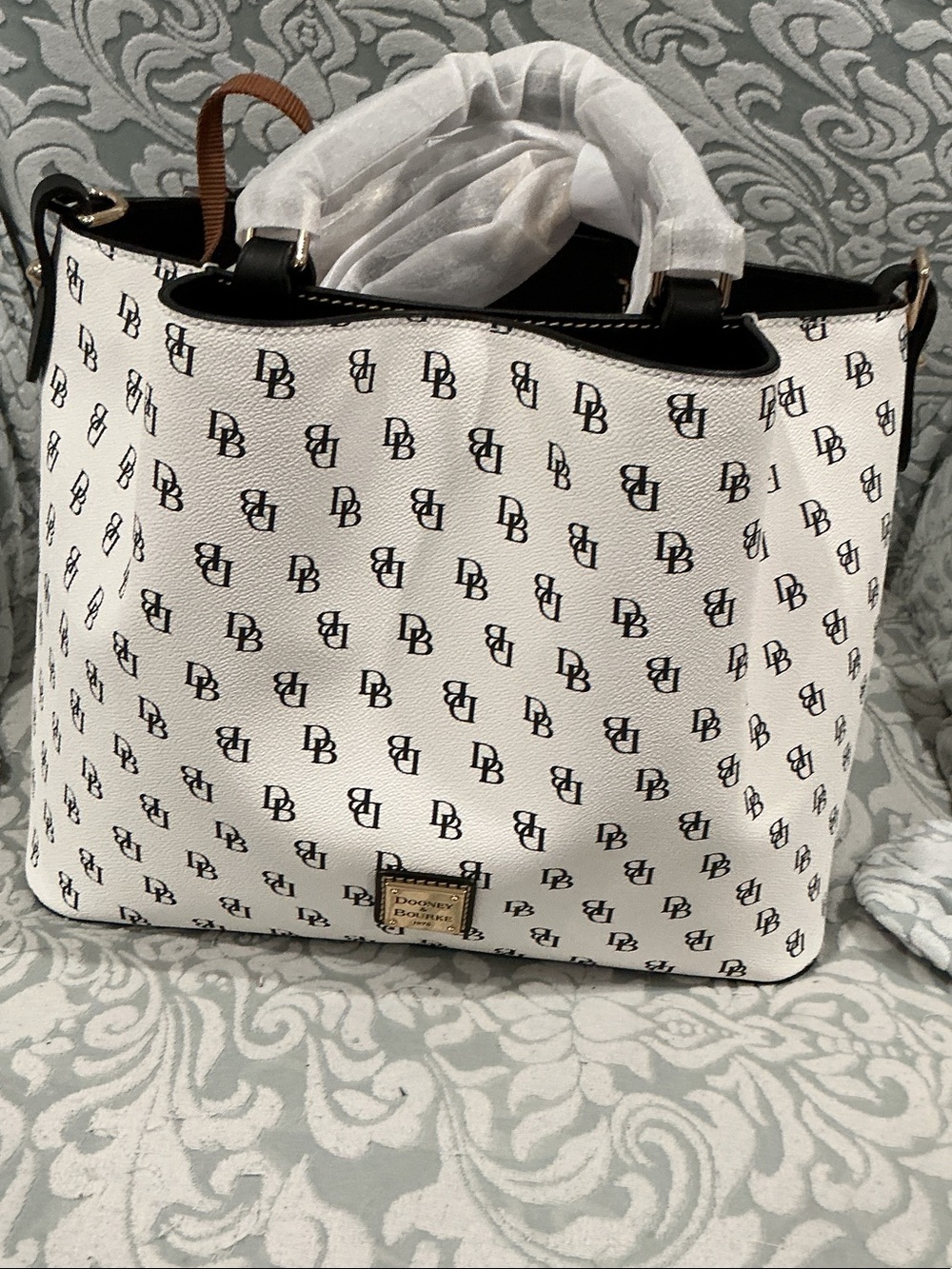 Dooney & Bourke White Logo-Print Tote with Black Trim and Brown Handles